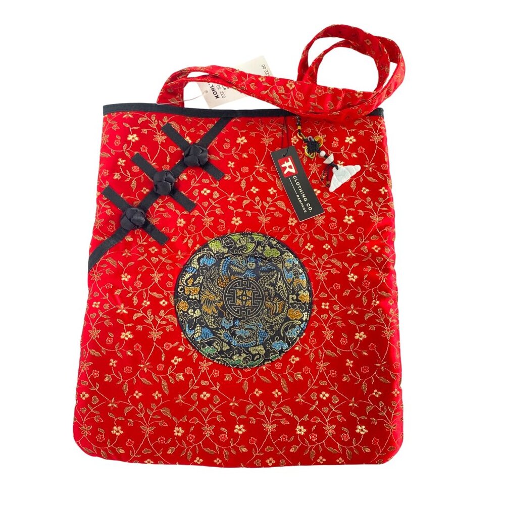 Asian Rampage Clothing Red Black Dragon Medallion Tote Bag Lucky Bat Charm NWT